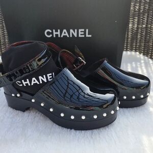 Chanel Black Patent Leather Clogs
